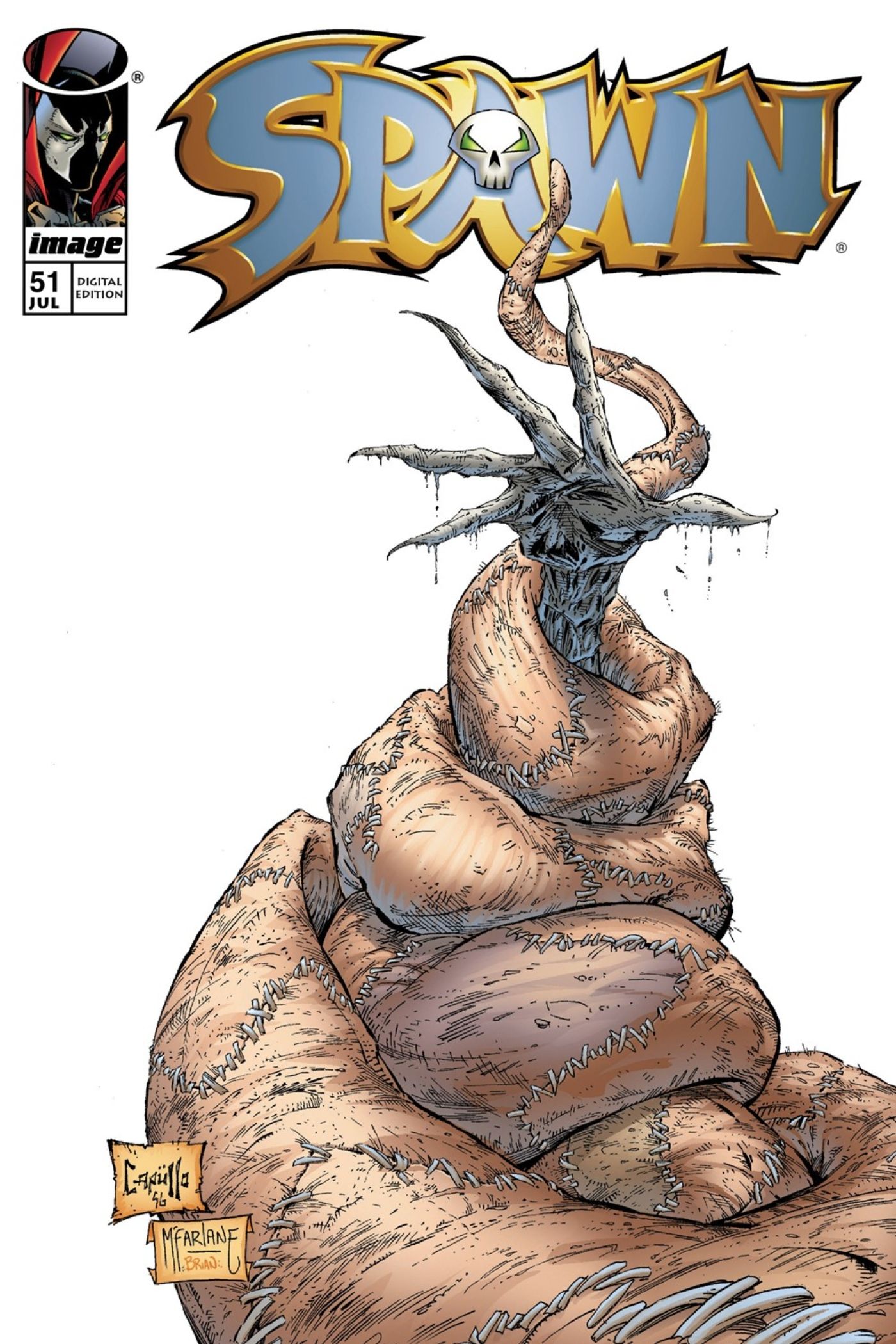 Spawn #51 cover art featuring Spawn trapped beneath a fleshy tendril.