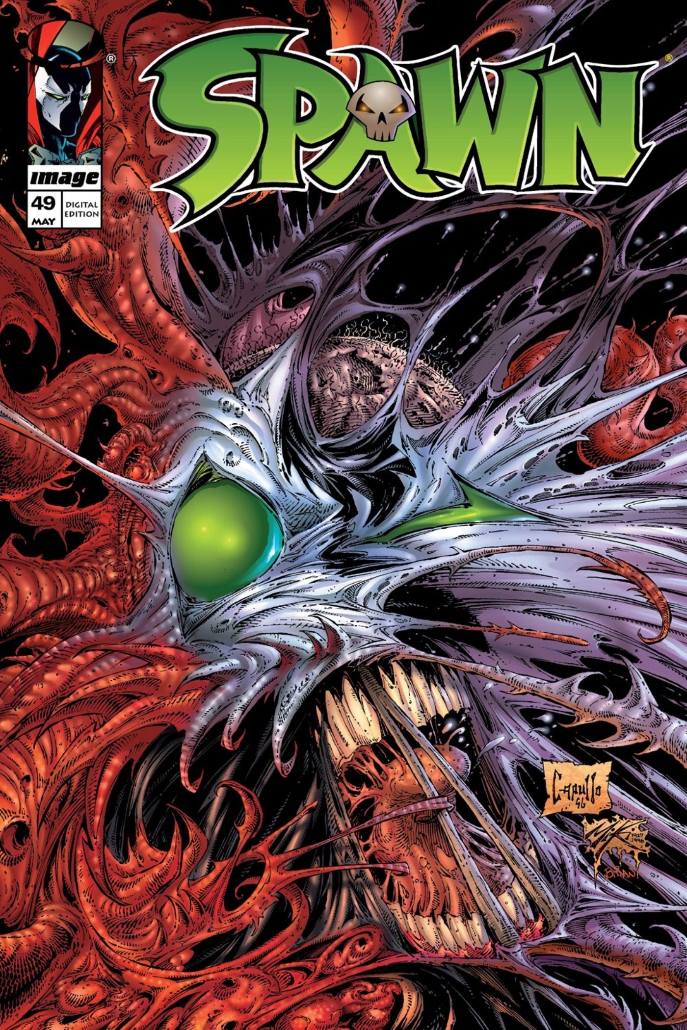 Spawn #49 cover art featuring Spawn&rsquo;s face getting twisted into an abstract form.