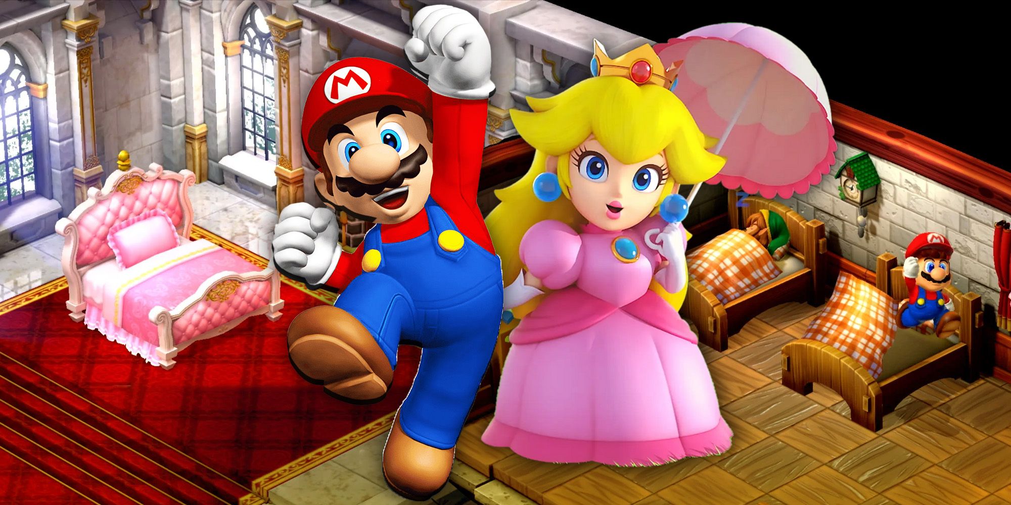 Mario and Princess Peach from Super Mario RPG with some of the game's secrets in the background.