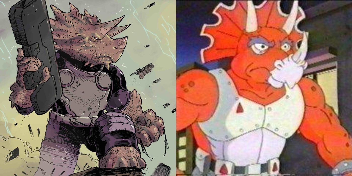 TMNT's Triceratons from IDW continuity & the '90s cartoon side-by-side.