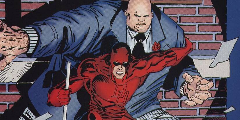Comic book art: Daredevil protecting Kingpin.
