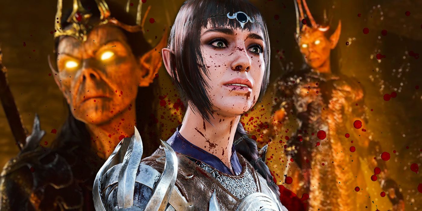 Shadowheart looking scared with blood on her face with Vlaakith in the background looking angry in Baldur&rsquo;s Gate 3