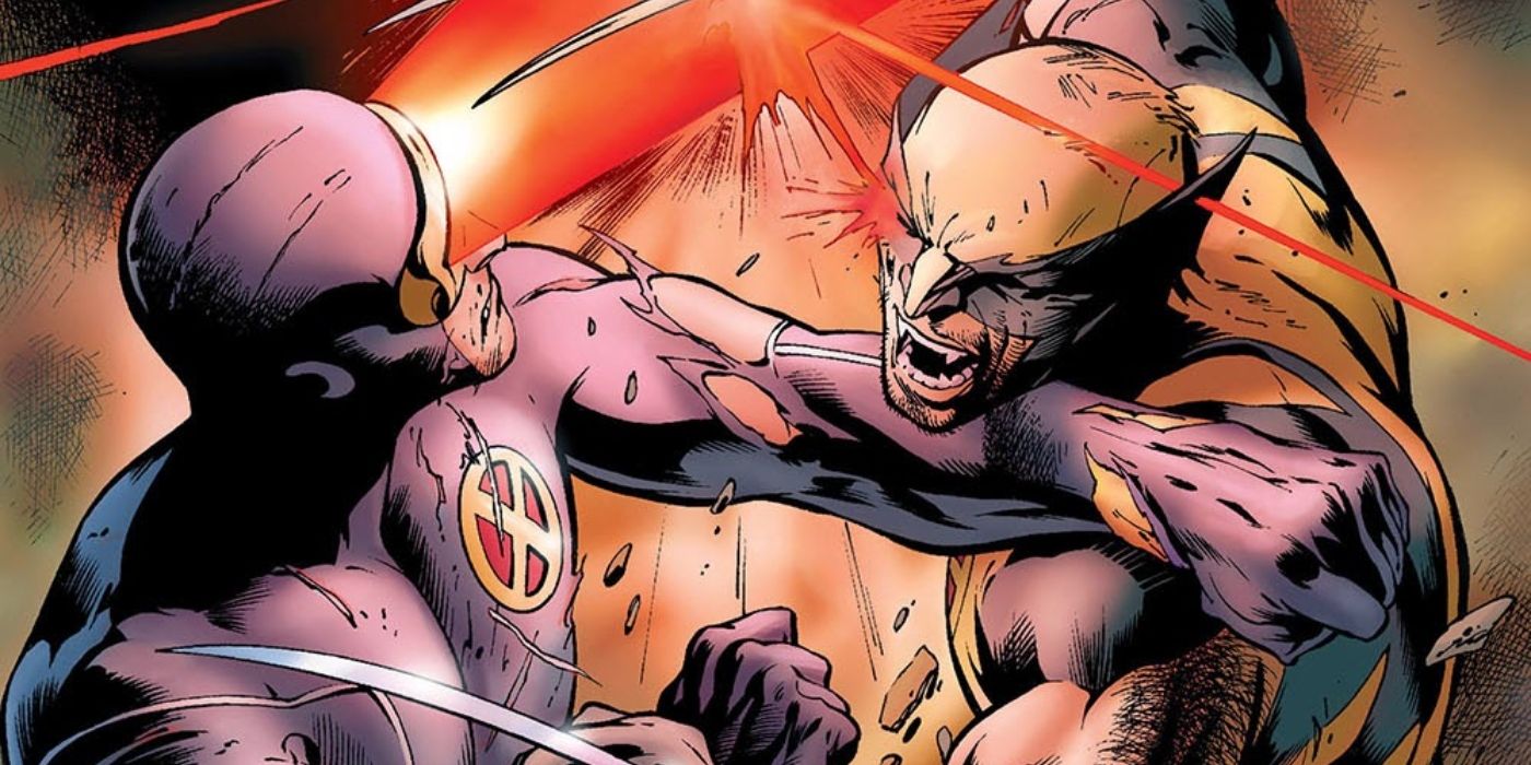 Cyclops (left) firing an optic blast at Wolverine (right), who raises a claw to strike.