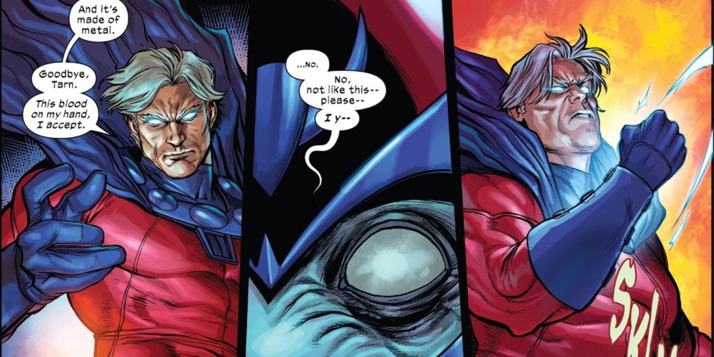 Magneto killing his opponent with his own helmet.