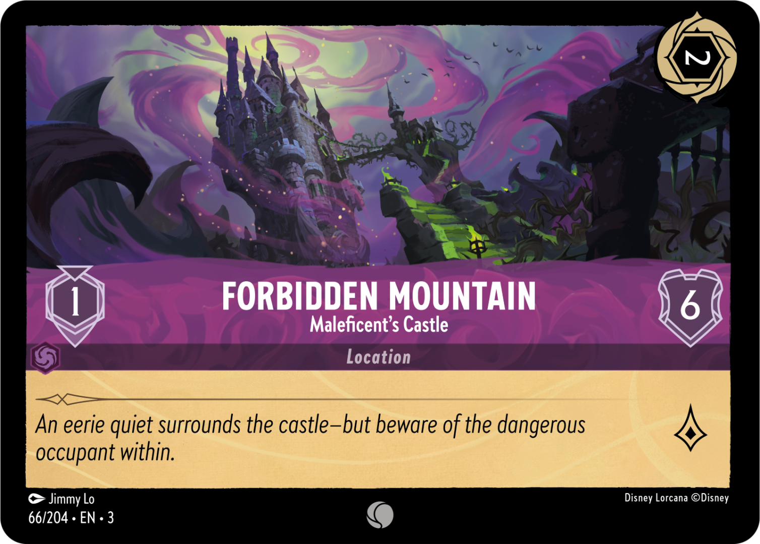 Disney Lorcana: Into The Inklands Forbidden Mountain card: A purple card showing off Maleficen'ts Castle.