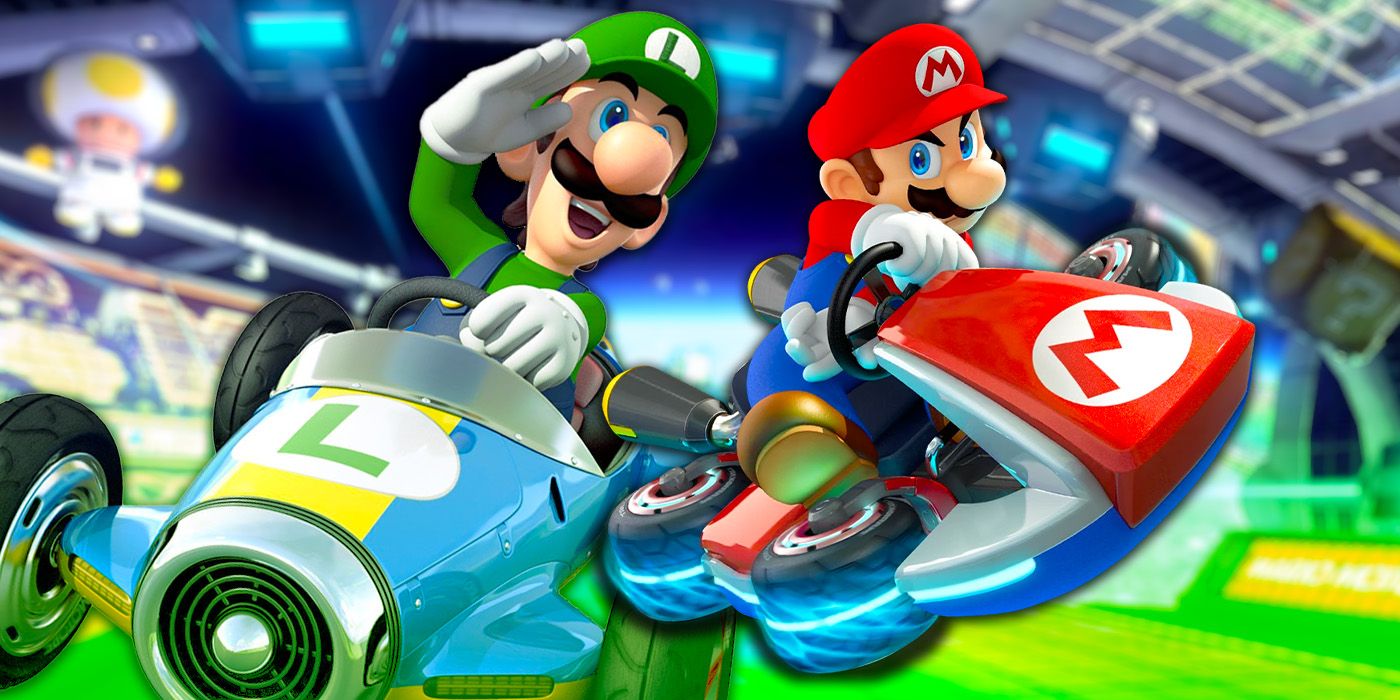 Mario drifting his kart and Luigi waving to an onlooker over a backdrop of Mario Kart Stadium in screenshots from Mario Kart 8.