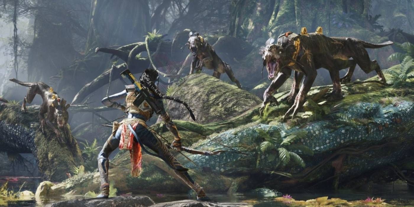 Avatar: Frontiers of Pandora Na'vi Character Fighting Against Thanator Wild Beasts