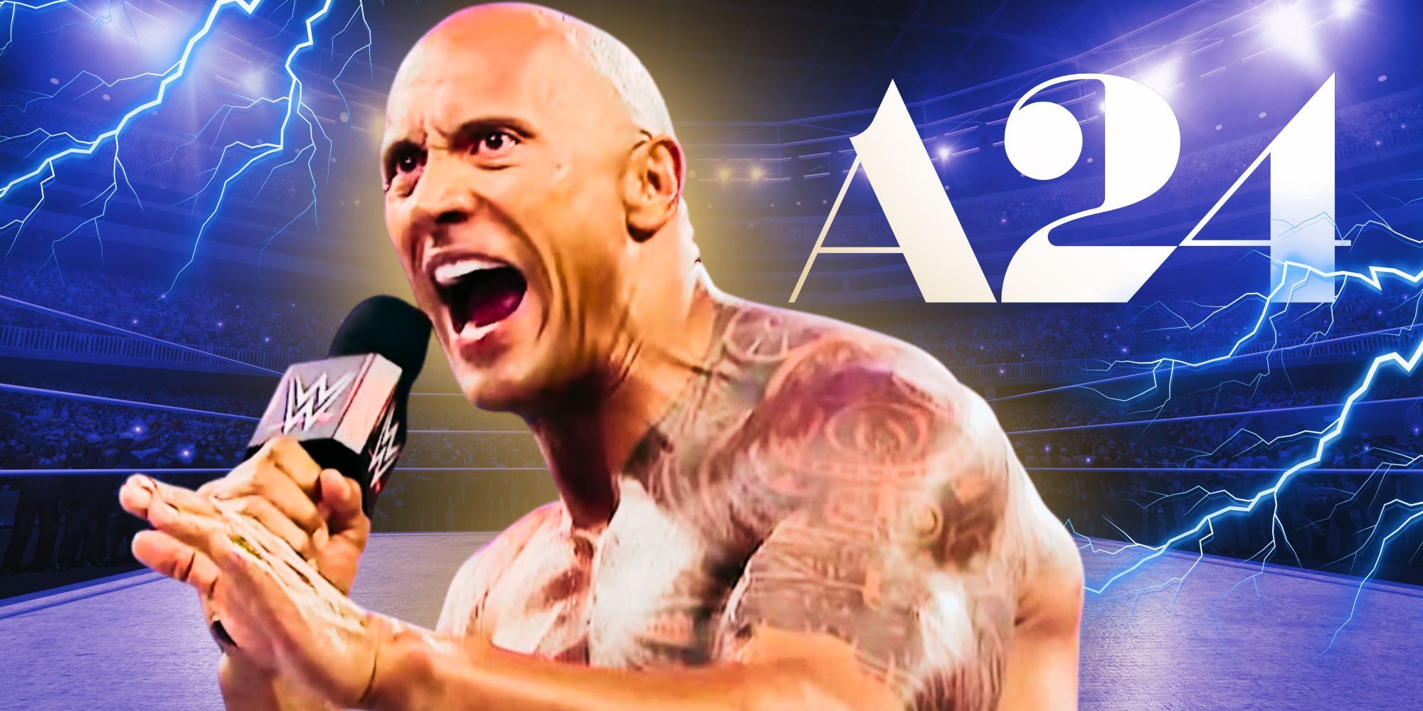 Dwayne Johnson in WWE and the A24 Logo The Smashing Machine