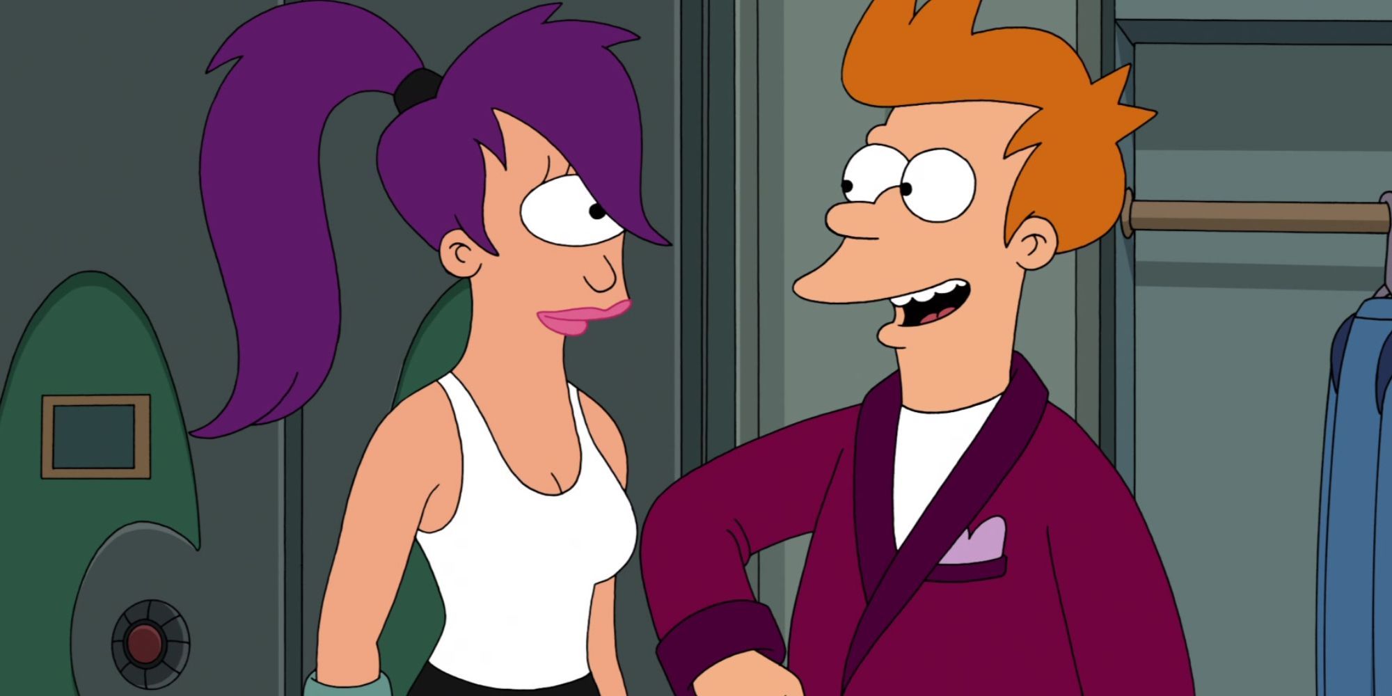 Fry smiling and offering his arm to Leela in Futurama