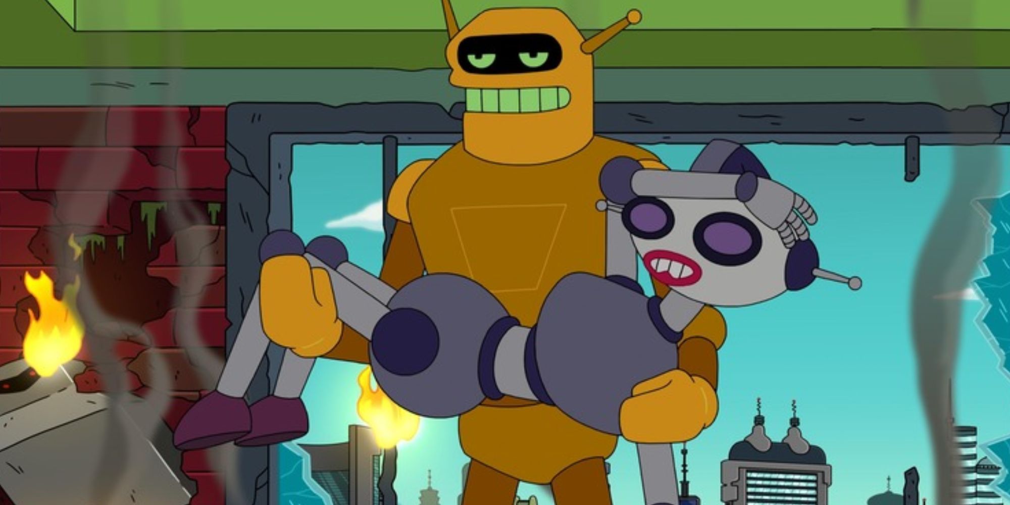 Calculon em Futurama carregando Monique de um prédio em chamas