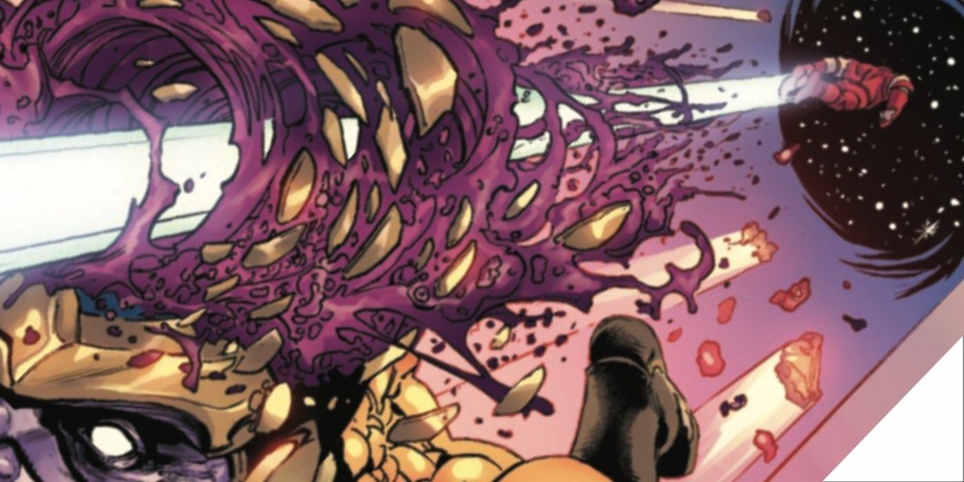 The Juggernaut being shot through Thanos' skull. 