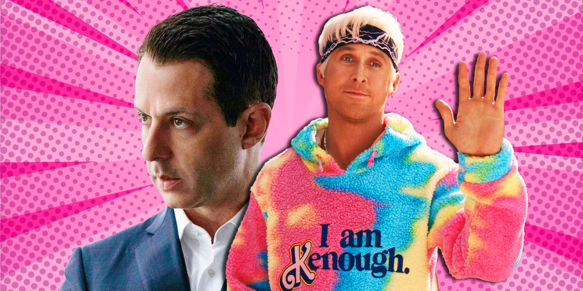 Jeremy Strong as Kendall Roy in Succession and Ryan Gosling as Ken in Barbie