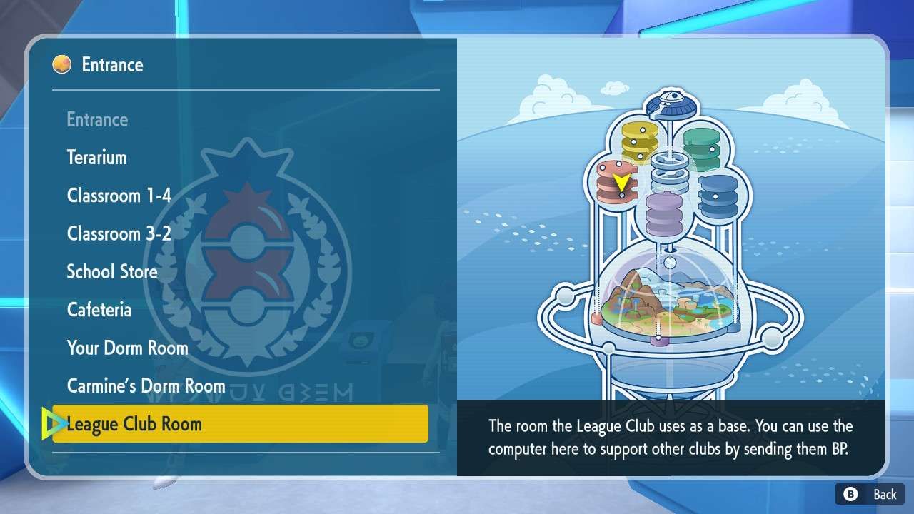 Screen showing the League Club Room location in Pokemon Scarlet & Violet Indigo Disk DLC