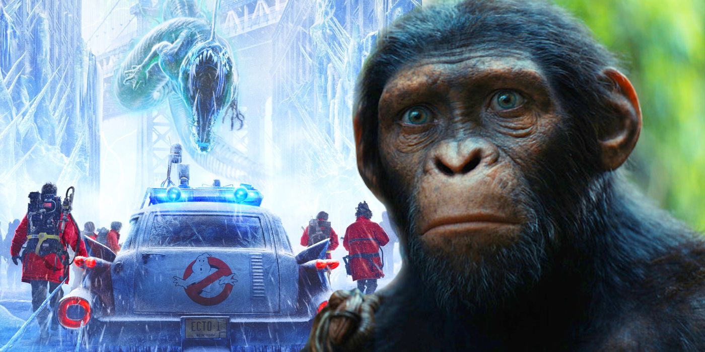 Ghostbusters: Frozen Empire poster next to Cornelius in Kingdom of the Planet of the Apes