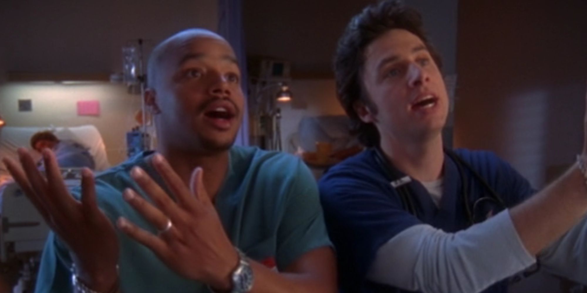Donald Faison as Turk and Zach Braff as JD singing Guy Love in Scrubs