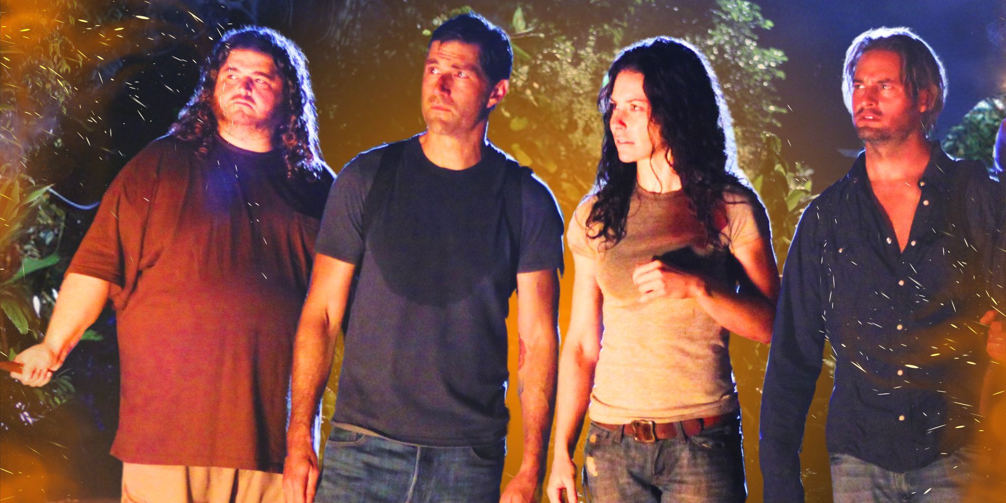 Jack, Hurley, Kate, and Sawyer in the jungle in Lost