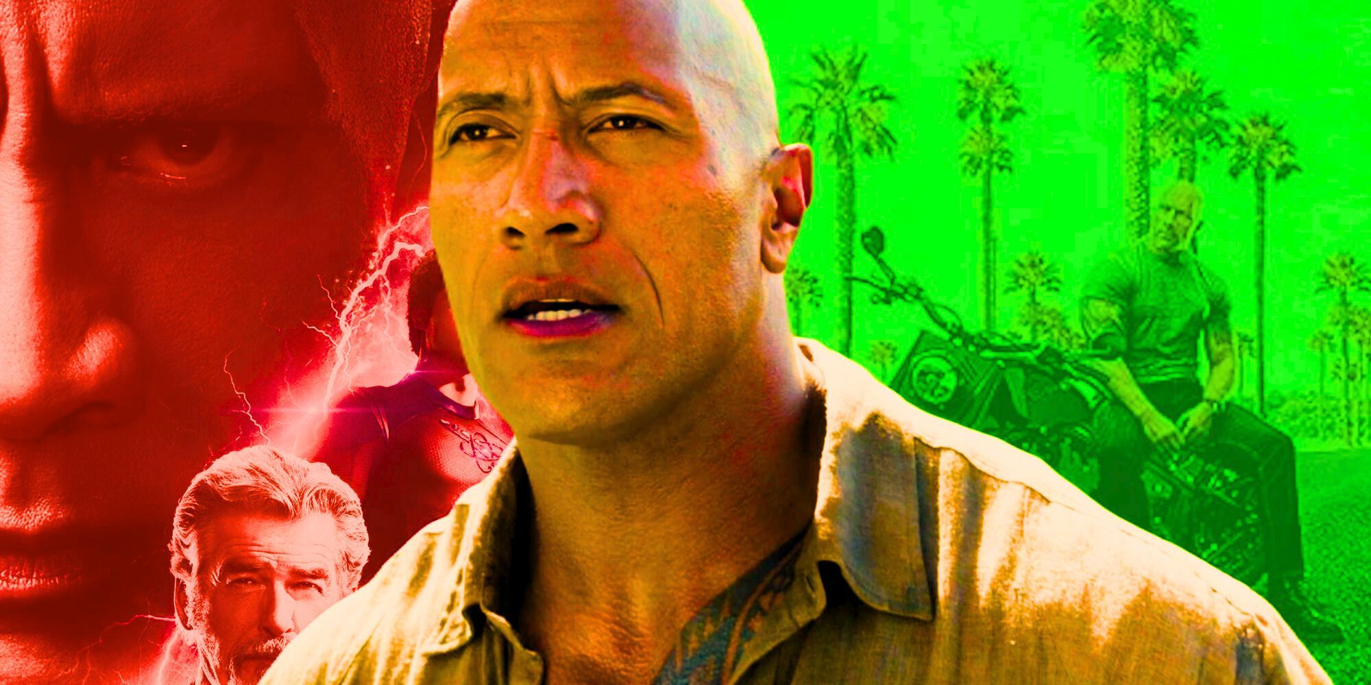 Dwayne Johnson in Jumanji against a backdrop of Black Adam and Fast & Furious