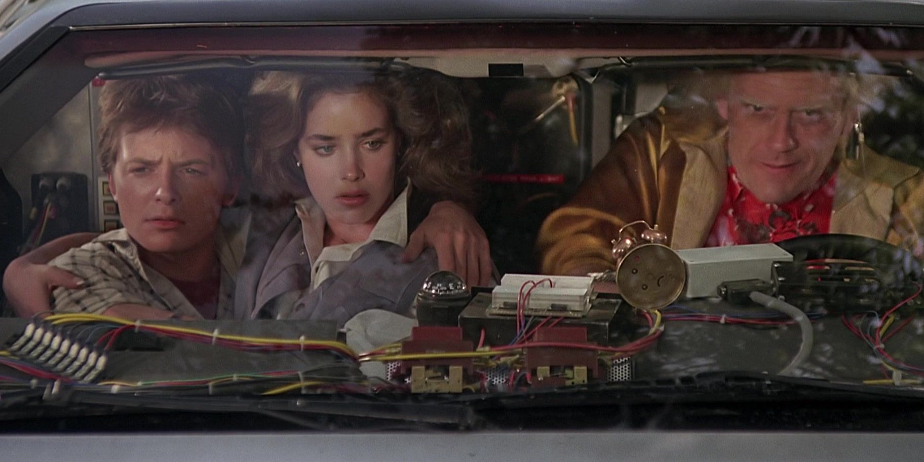 Marty, Jennifer and Doc Brown in the DeLorean in Back to the Future