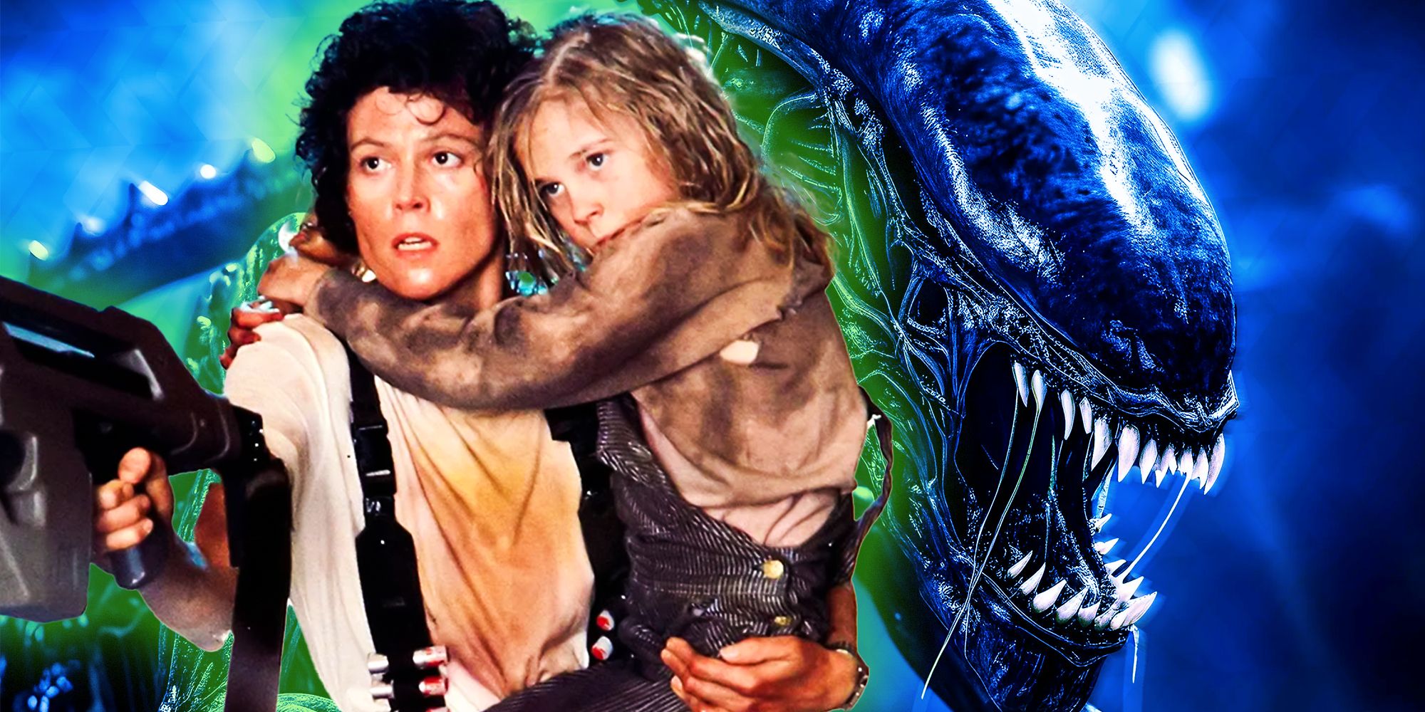 Ripley holding Newt in Aliens with a Xenomorph screeching in the background