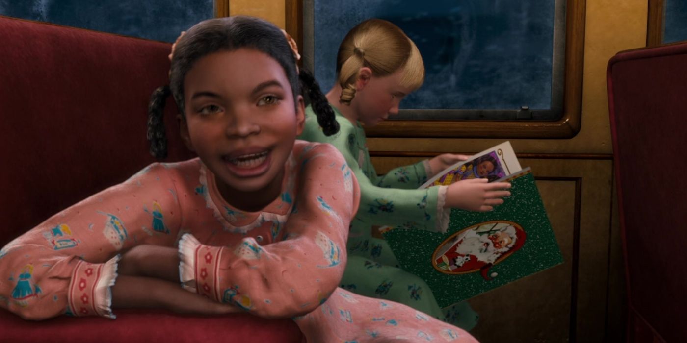 Hero Girl smiling and a another child reading a book in The Polar Express