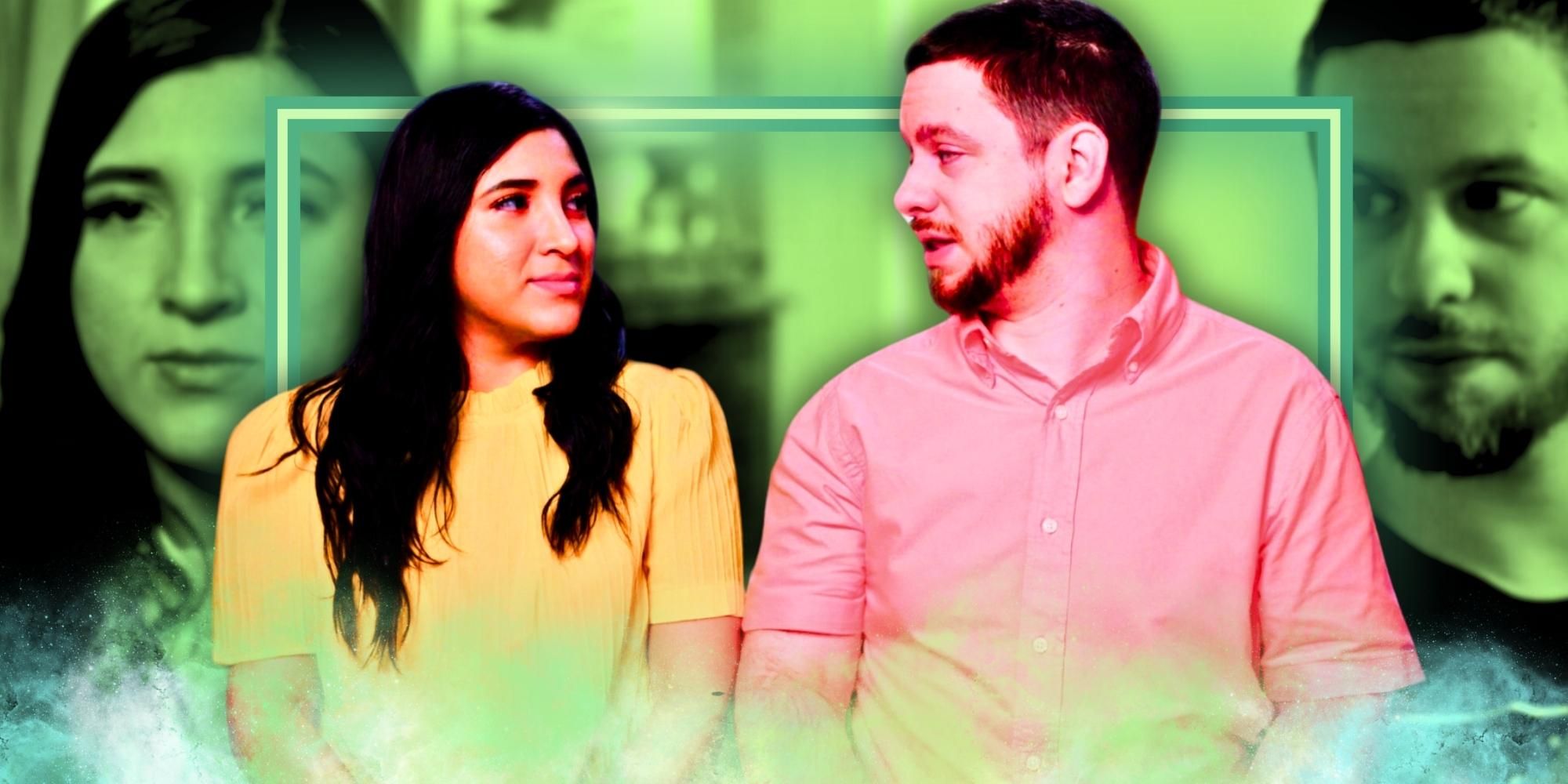 Clayton and Anali from the 90 Day Fiance season 10 montage with a green background where Anali wears a yellow dress and Clayton is wearing a pink shirt.