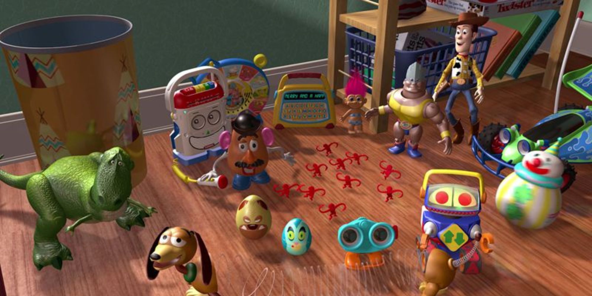 An ariel view of the toys in Andy's bedroom in Toy Story