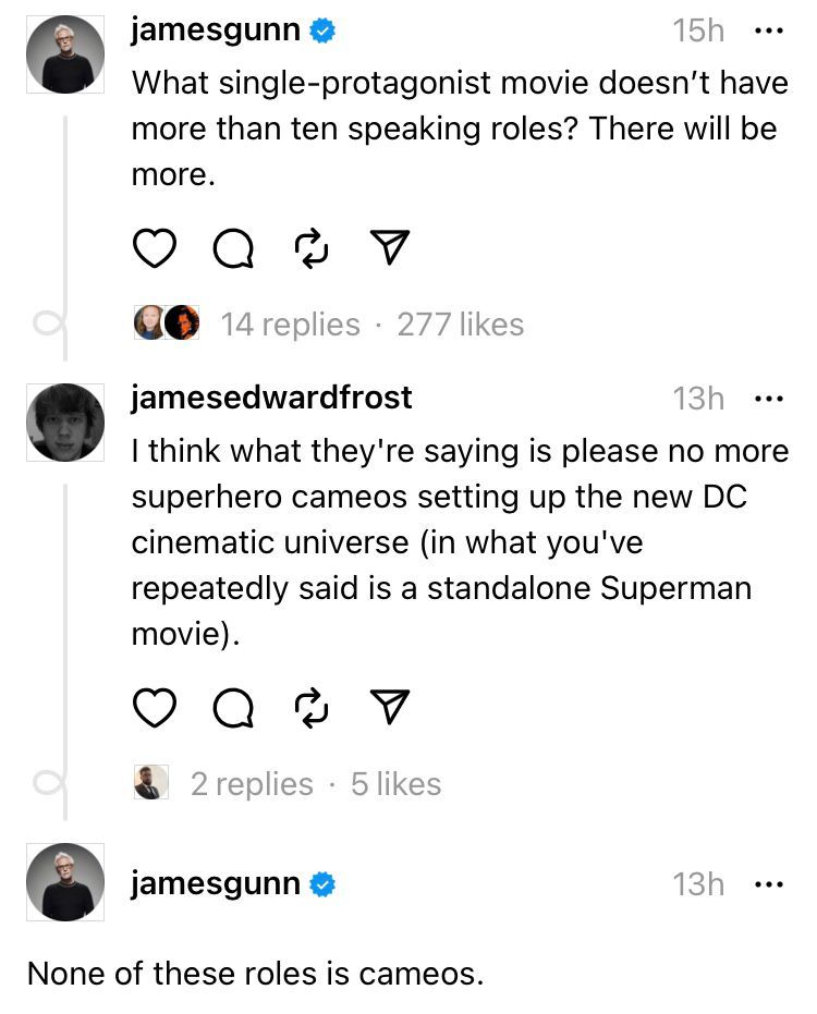 On Threads, James Gunn reveals that the other heroes in Superman: Legacy are not cameos