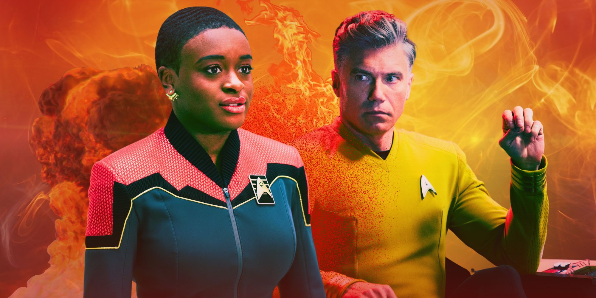Celia Rose Gooding as Uhura and Anson Mount as Captain Pike.