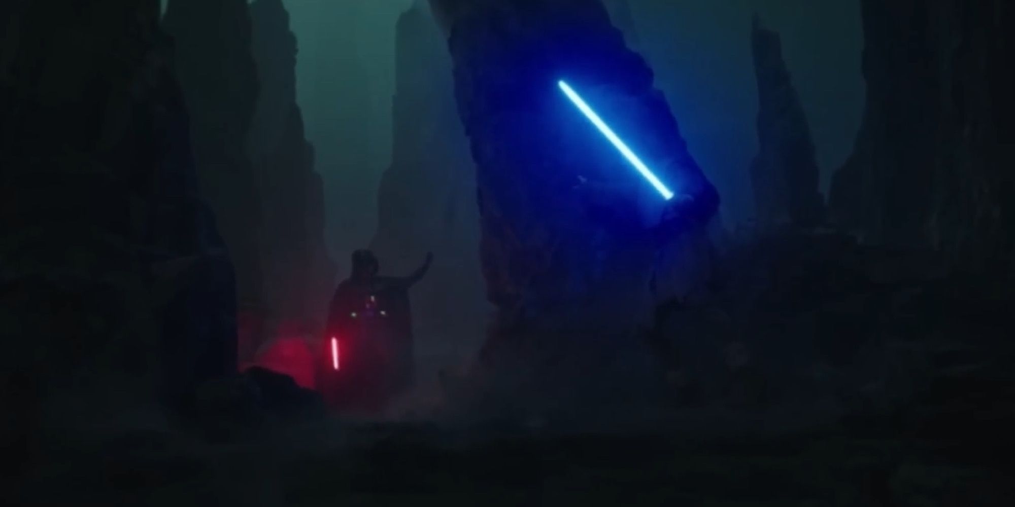 Obi-Wan And Darth Vader Using The Force against one another in the Obi-Wan Kenobi show with their lightsabers ignited