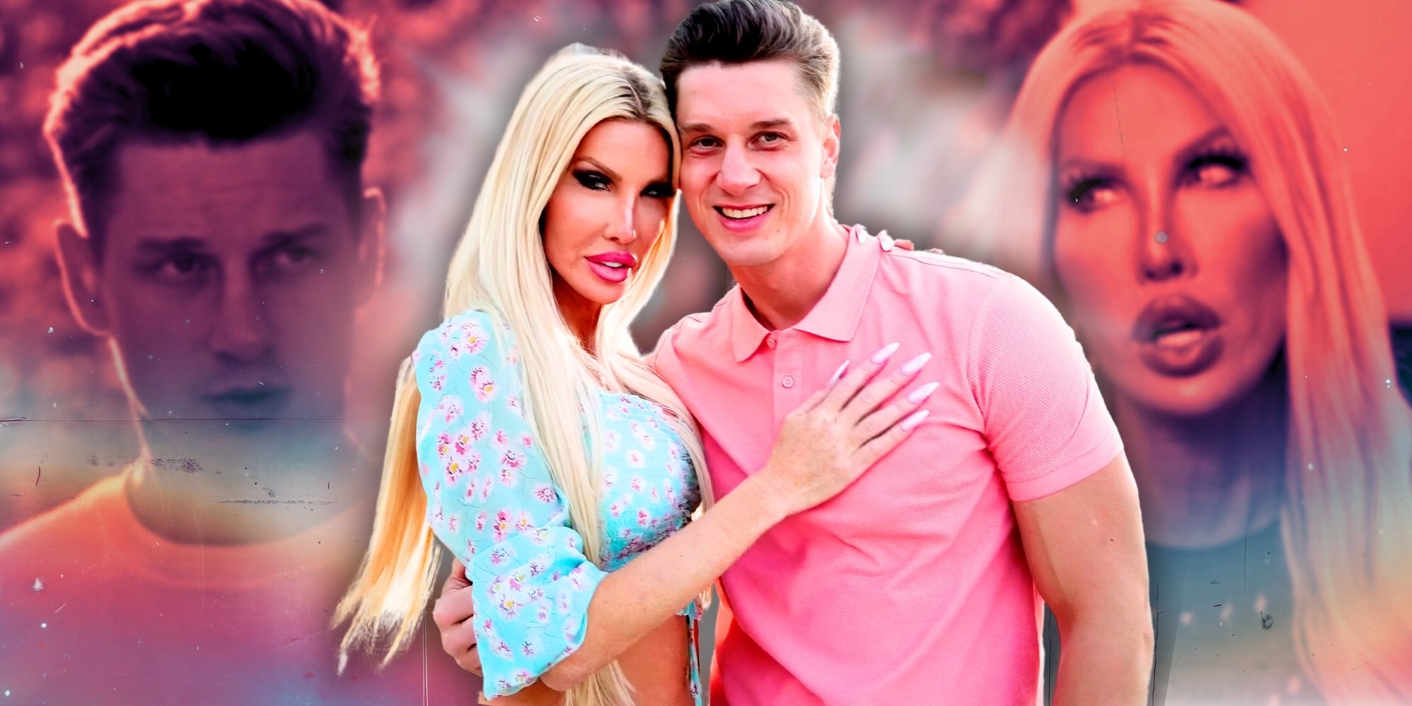 90 Day Fiancé stars Nikki Exotika dressed in floral blue dress & Igor AKA Justin in pink shirt hugging and smiling