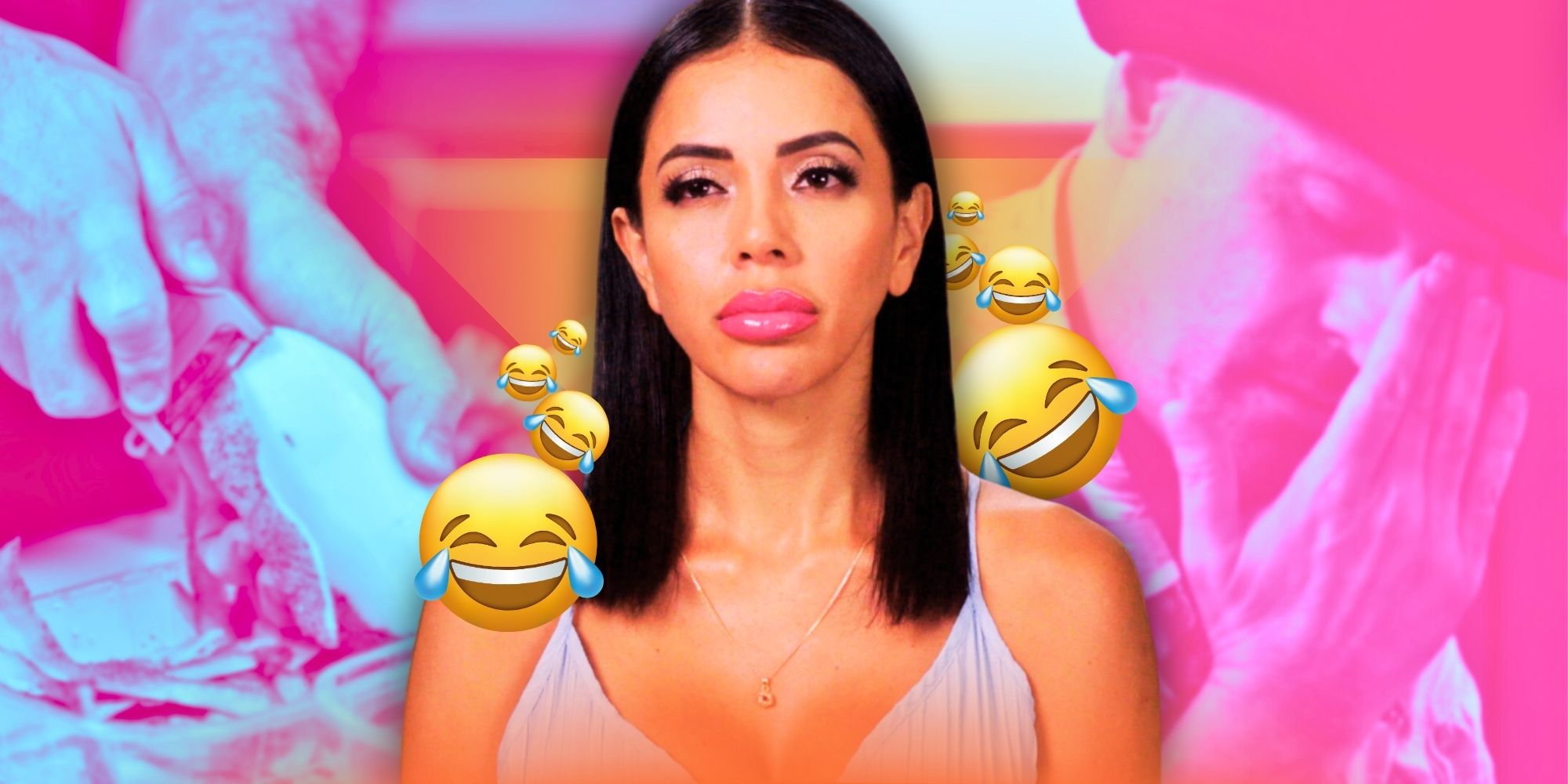 90 Day Fiancé’s Jasmine and Gino, with Gino peeling a potato in the background, and Jasmine surrounded by laughing-crying emojis