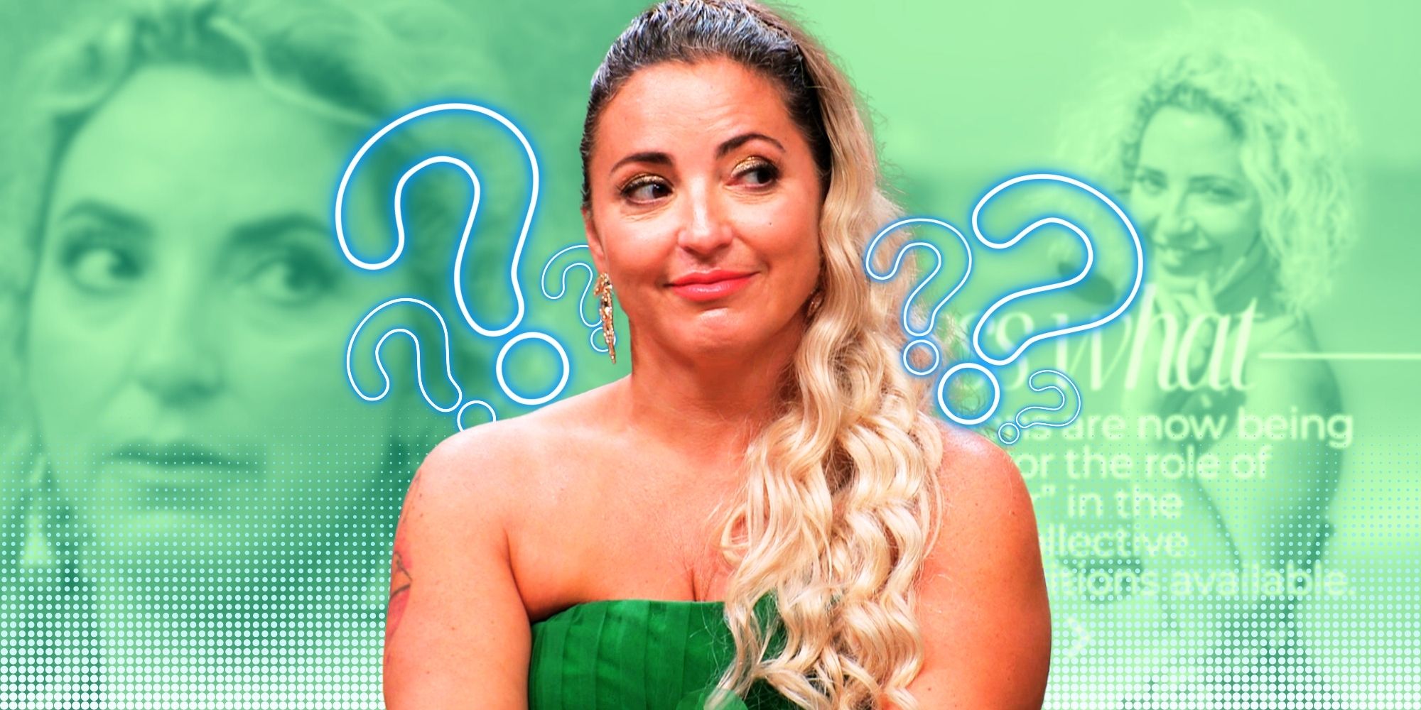 Montage of 90 Day Fiancé Star Daniele Gates surrounded by question marks