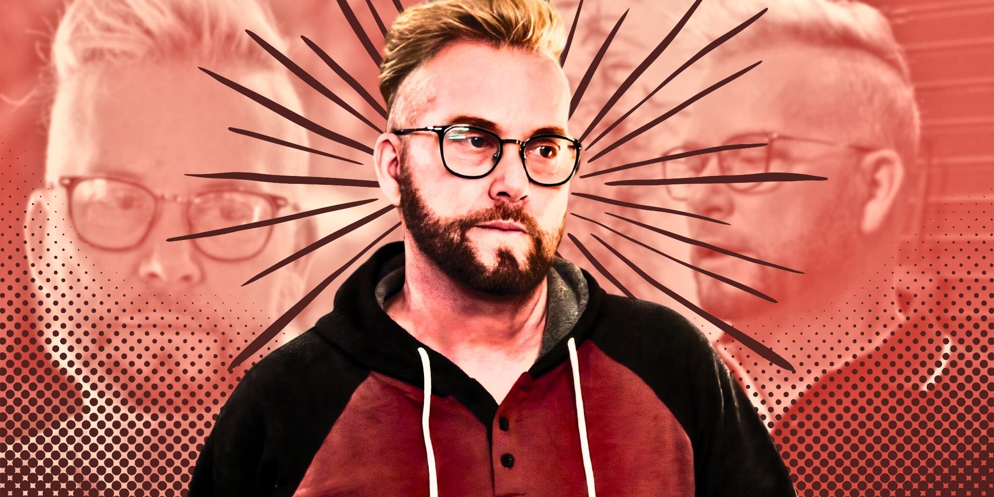 90 Day Fiancé Kenny Niedermeier wearing a brown and black raglan t-shirt with a brown background showing faded close up shots of his face