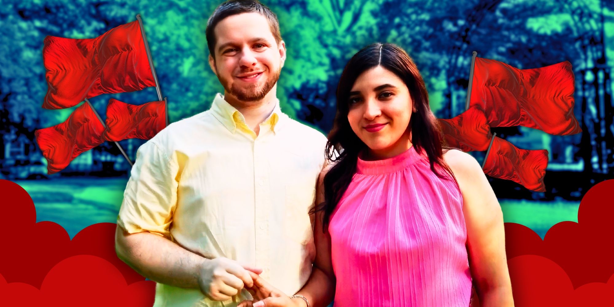 90 Day Fiancé's Clayton & Anali with red flags in the background
