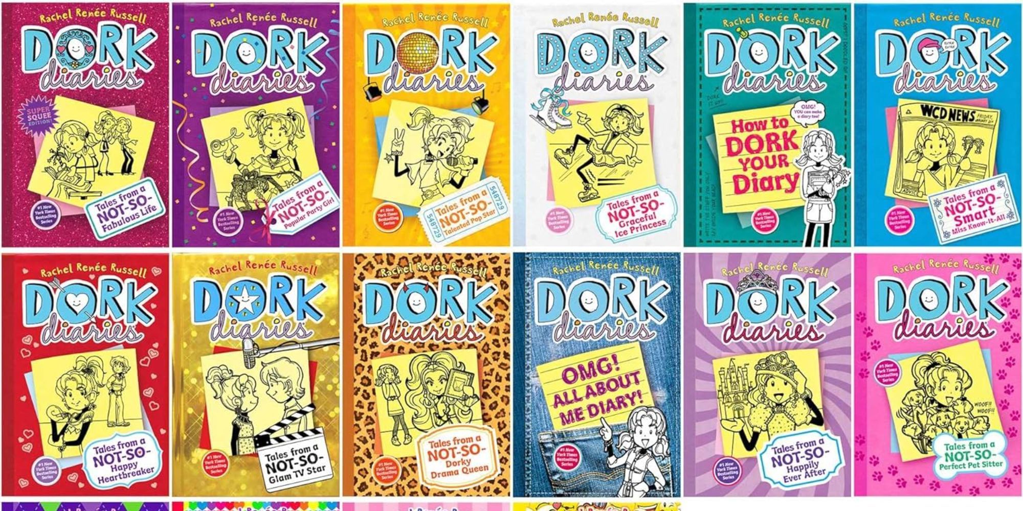 The Dork Diaries books are lined up. 