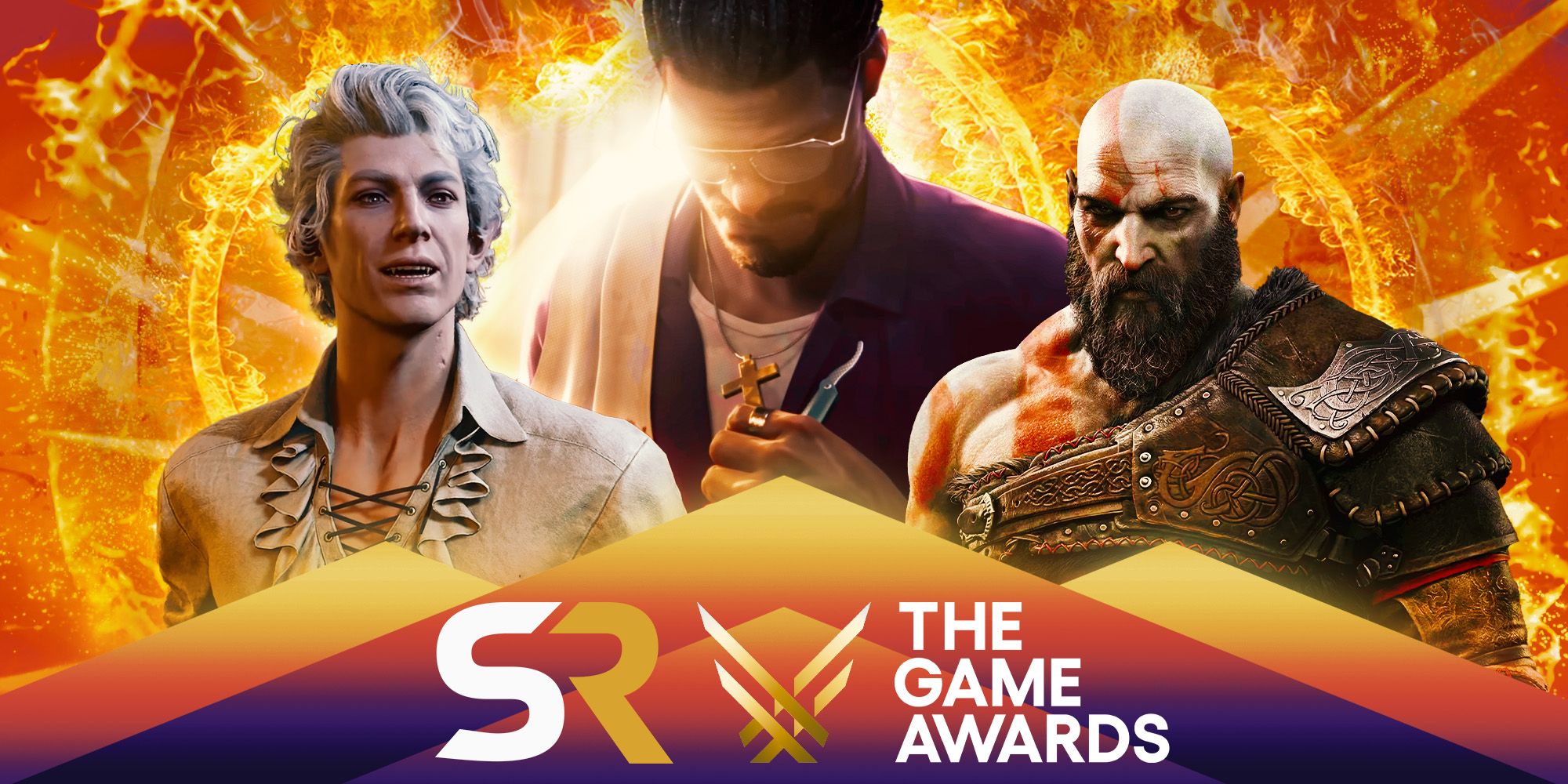  Astarion from Baldur's Gate 3, Kratos from God of War Ragnarok and Blade from the TGA trailer. In front are the SR and The Game Awards logos.