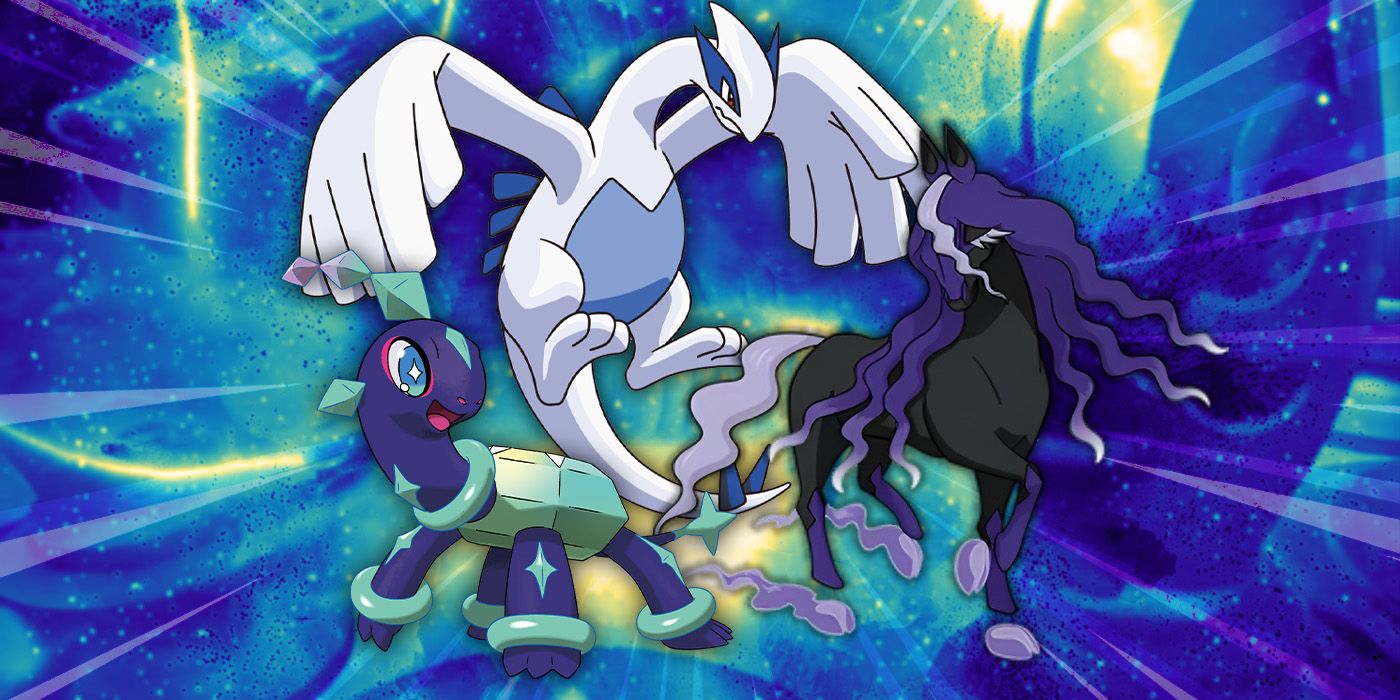 Terapagos, Lugia, and Spectrier in front of a blue and yellow background.