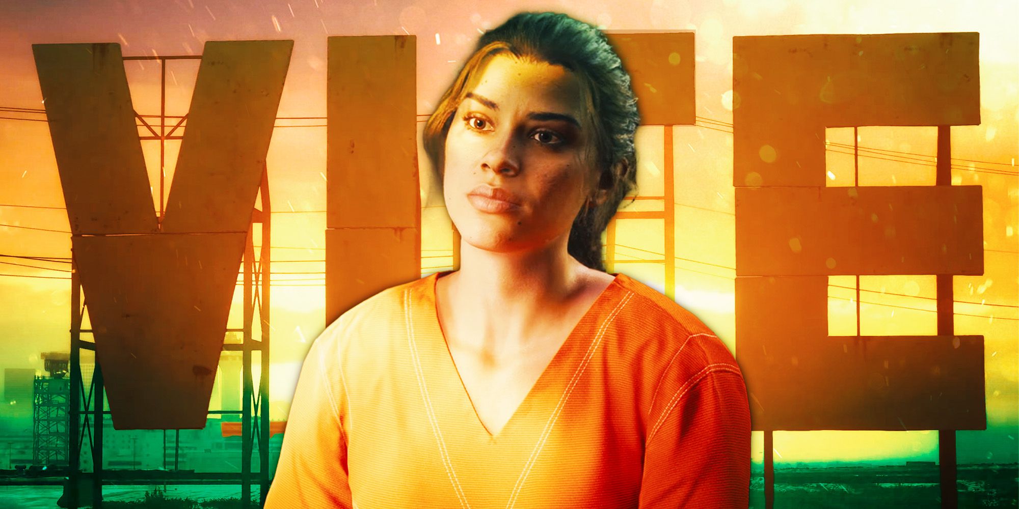 Lucia, the protagonist of GTA 6, in her orange prison jumpsuit in front of the Vice City sign in screnshots from the trailer.