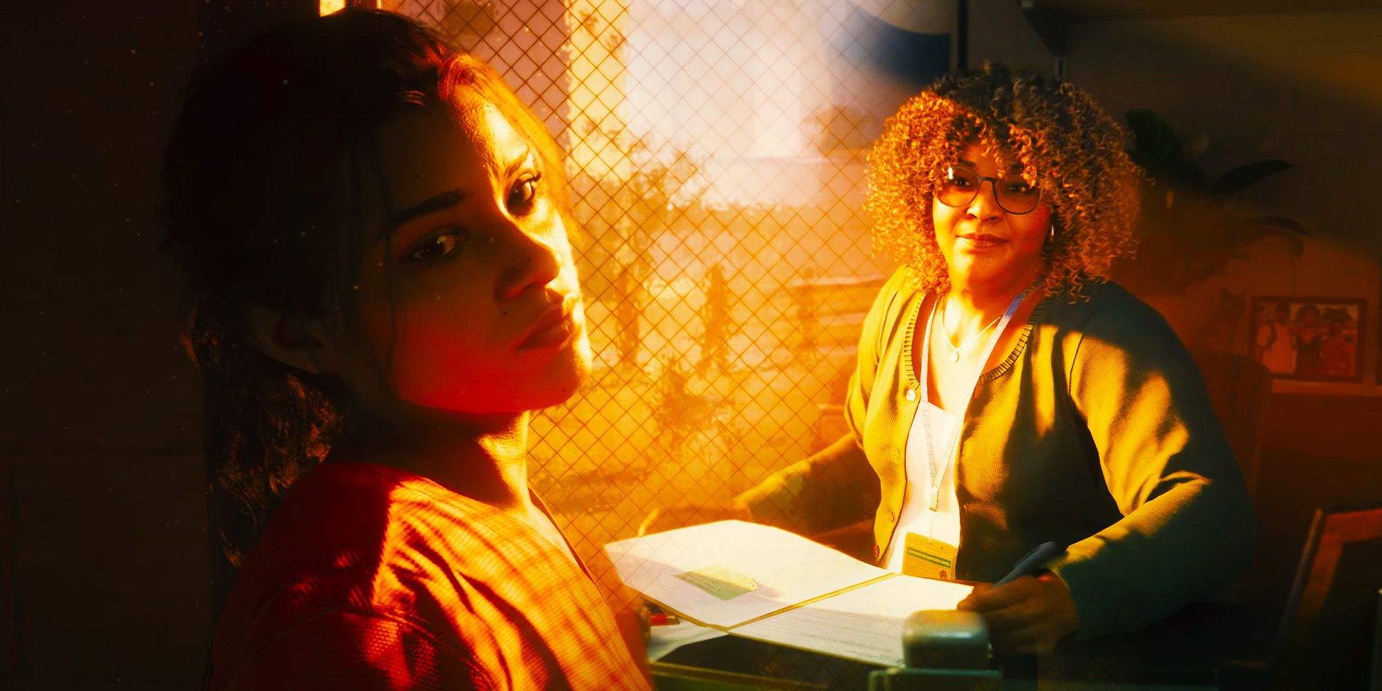 GTA 6&rsquo;s Lucia in her orange prison outfit. Beside her is the female counselor with glasses shown in the trailer.