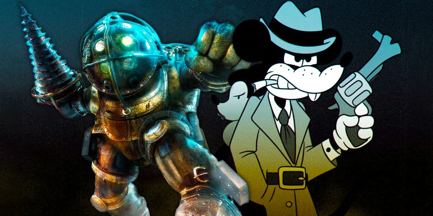 A Big Daddy from BioShock next to the Mickey Mouse-like hero of Mouse, in a trenchcoat and holding a revolver.
