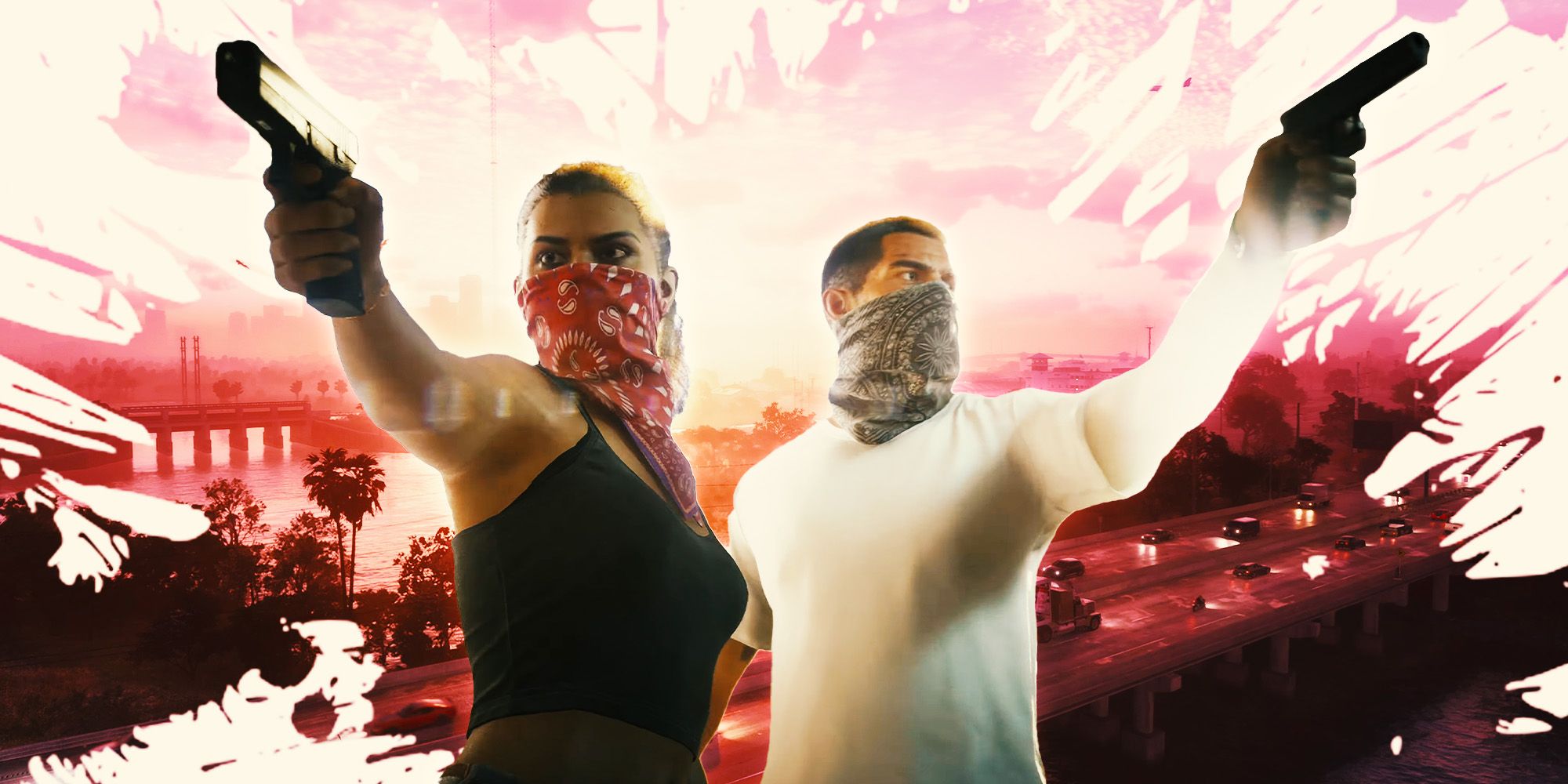Female and male protagonists in GTA 6 holding out handguns with pink Miami-like setting in the background.