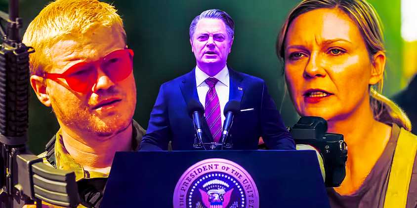 Collage of Jesse Plemons, Nick Offerman, and Kirsten Dunst in Civil War
