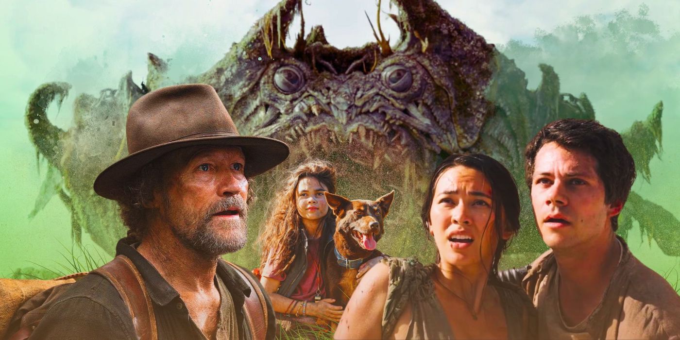 A collage of the main characters from Love and Monsters including Dylan O'Brien's Joel, Jessica Henwick's Aimee, and Michael Rooker's Clyde in front of a large monster