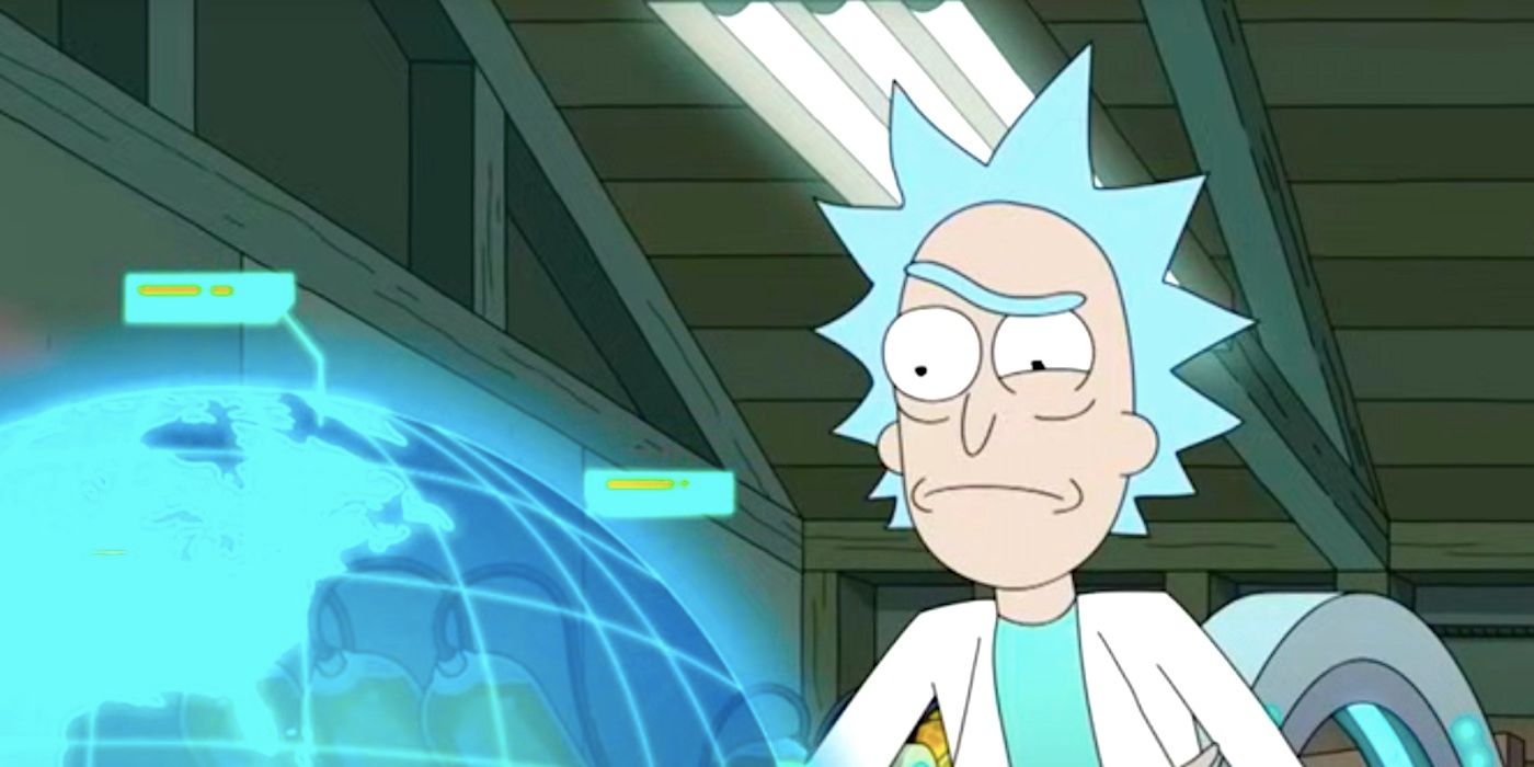 Un Rick confundido mira un globo holográfico en el episodio 9 de la temporada 7 de Rick y Morty.