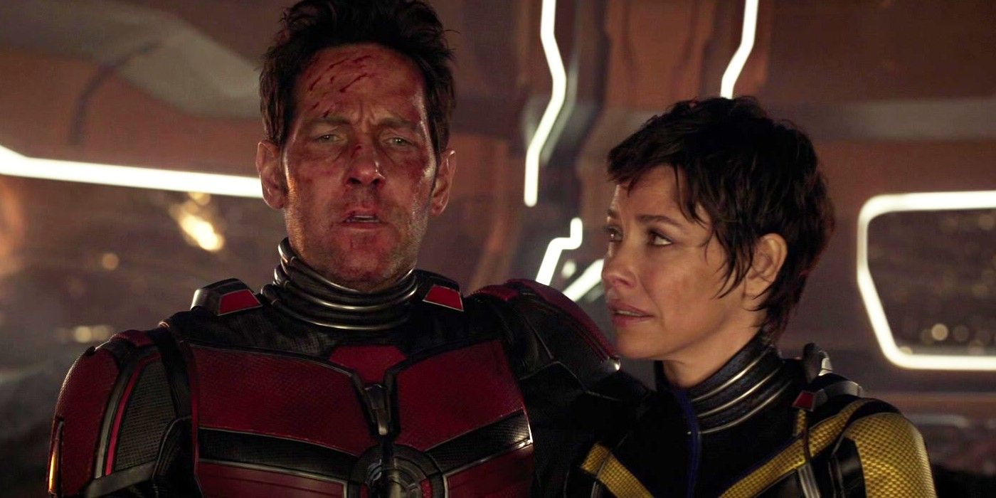 A hurt Ant-Man holds onto Wasp after the Kang's death in Quantumania
