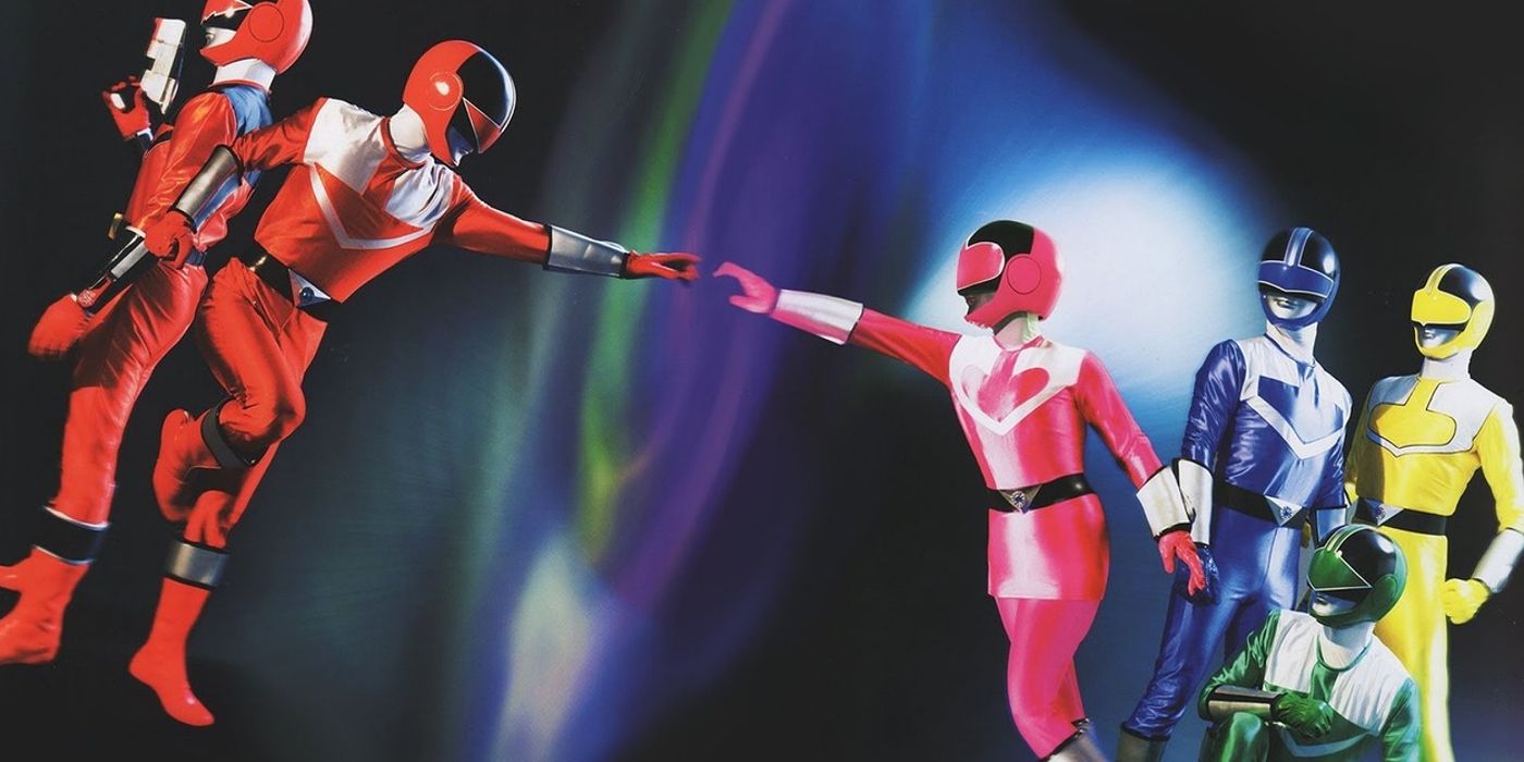 A portal separating Timeranger's Red Rangers from Pink, Yellow, Blue, and Green