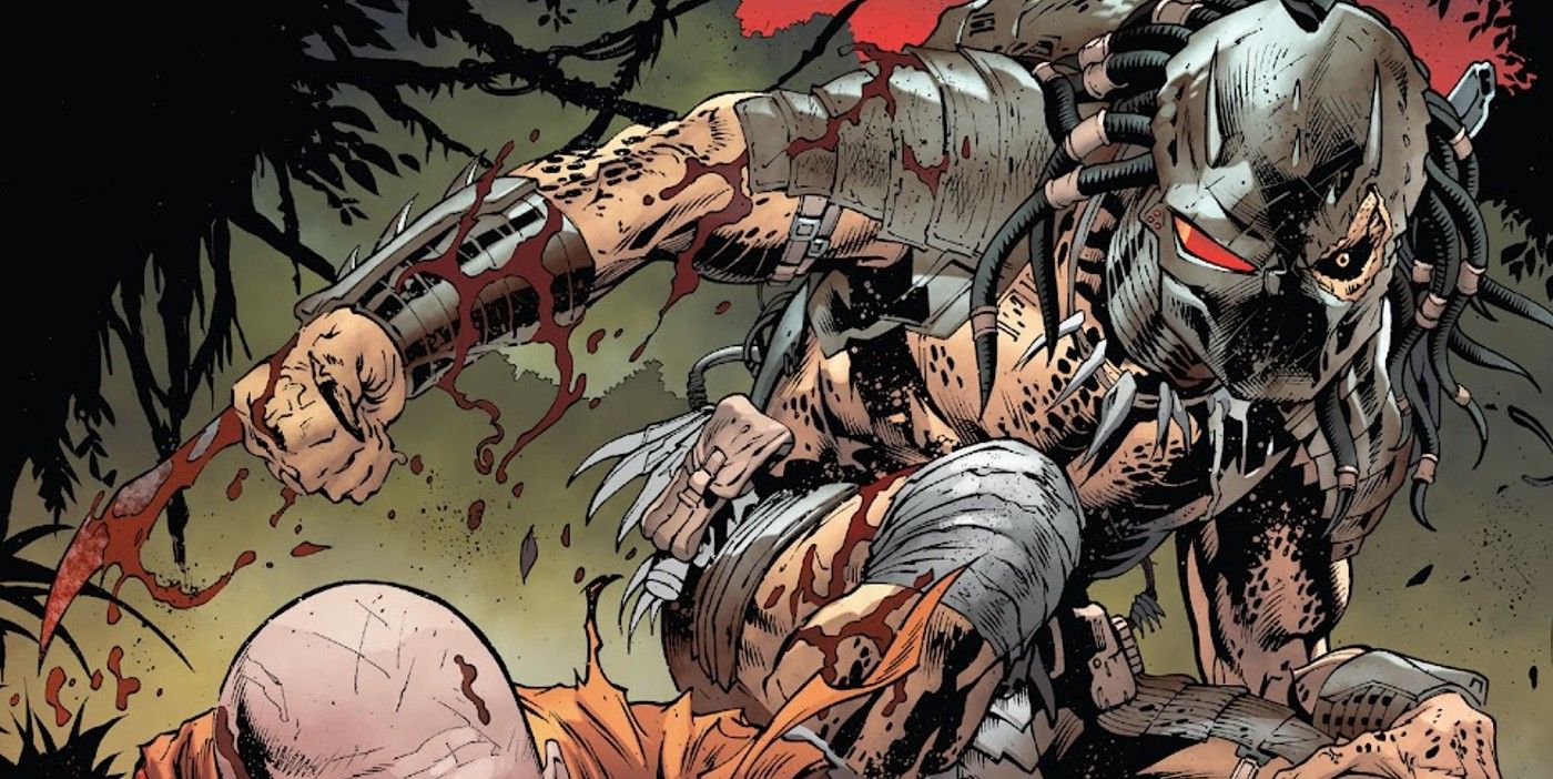 a predator who has just killed a human - half its mask is gone with a yellow eye peering out