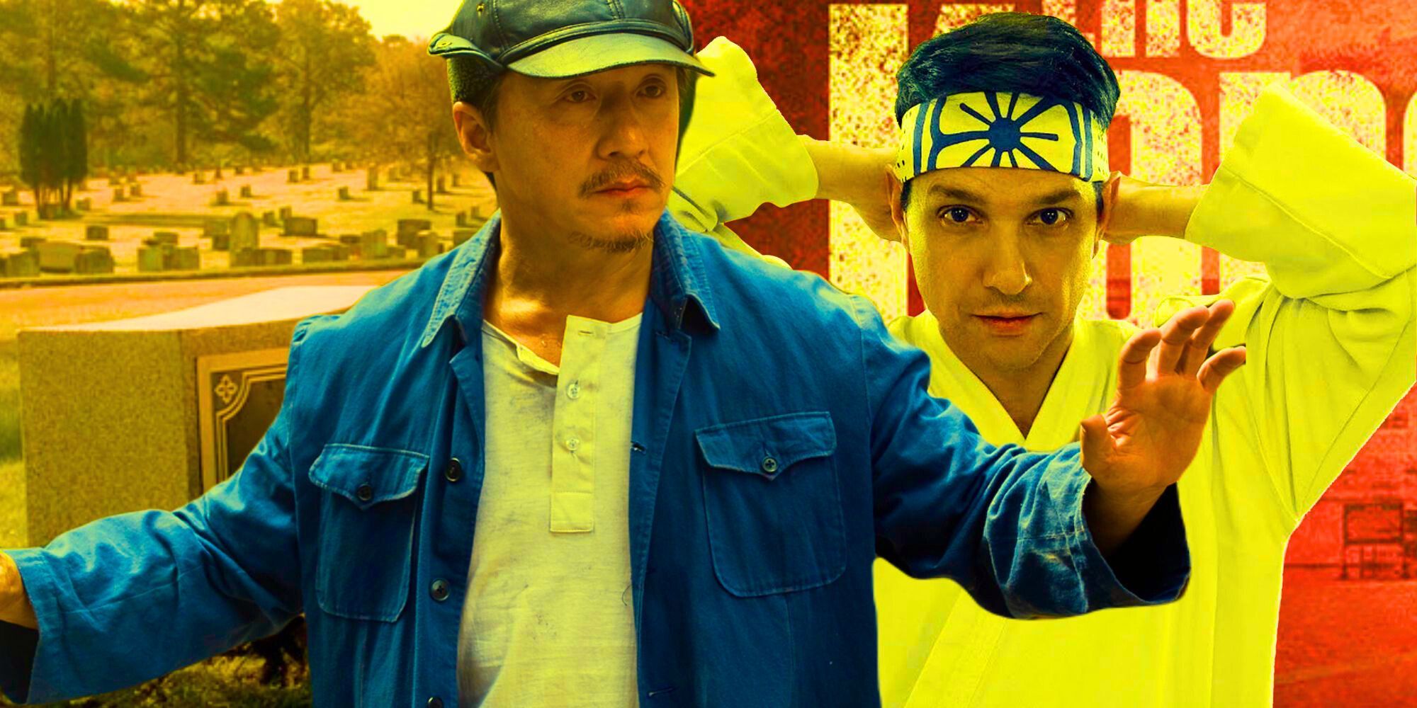 Jackie Chan and Ralph Macchio as their respective Karate Kid characters