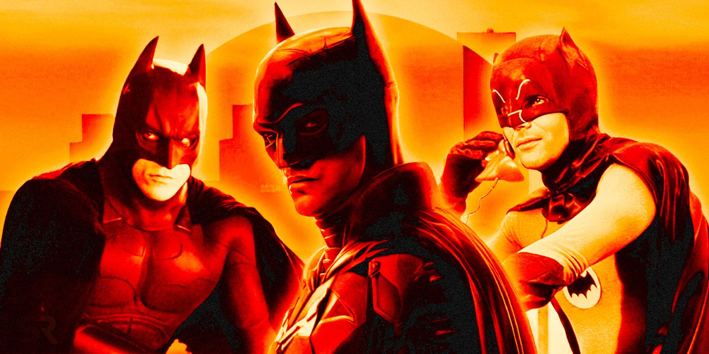 A split image featuring Batman as played by Christian Bale, Robert Pattinson, and Adam West