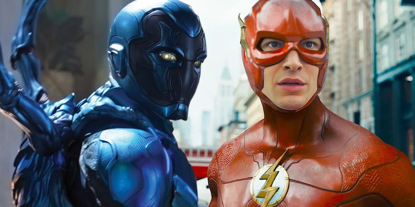 A split image of Blue Beetle and The Flash in the DCEU